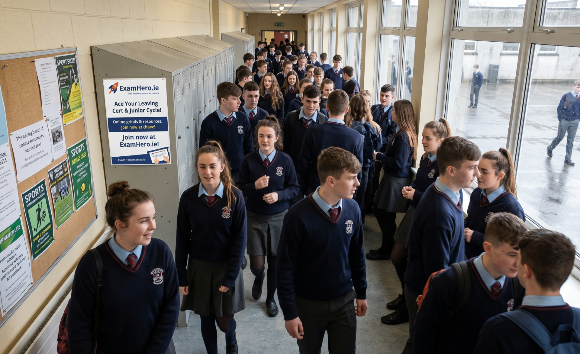 UK secondary school students walking through a corridor