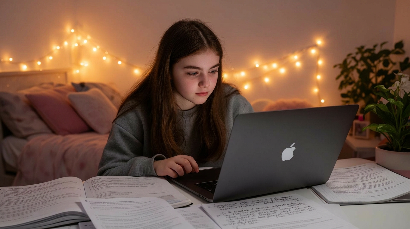 UK teenage student studying at a laptop with notes